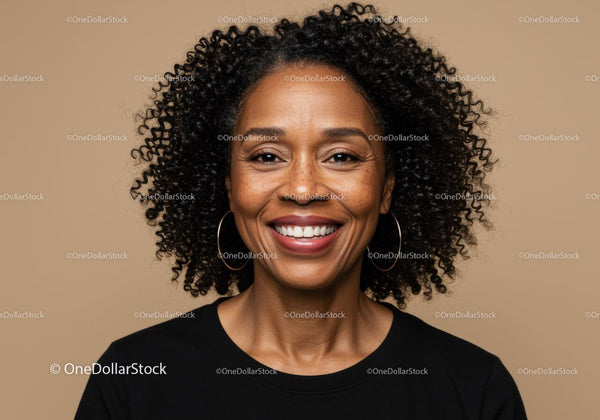 Joyful African American Woman with Curly Hair and Bright Smile