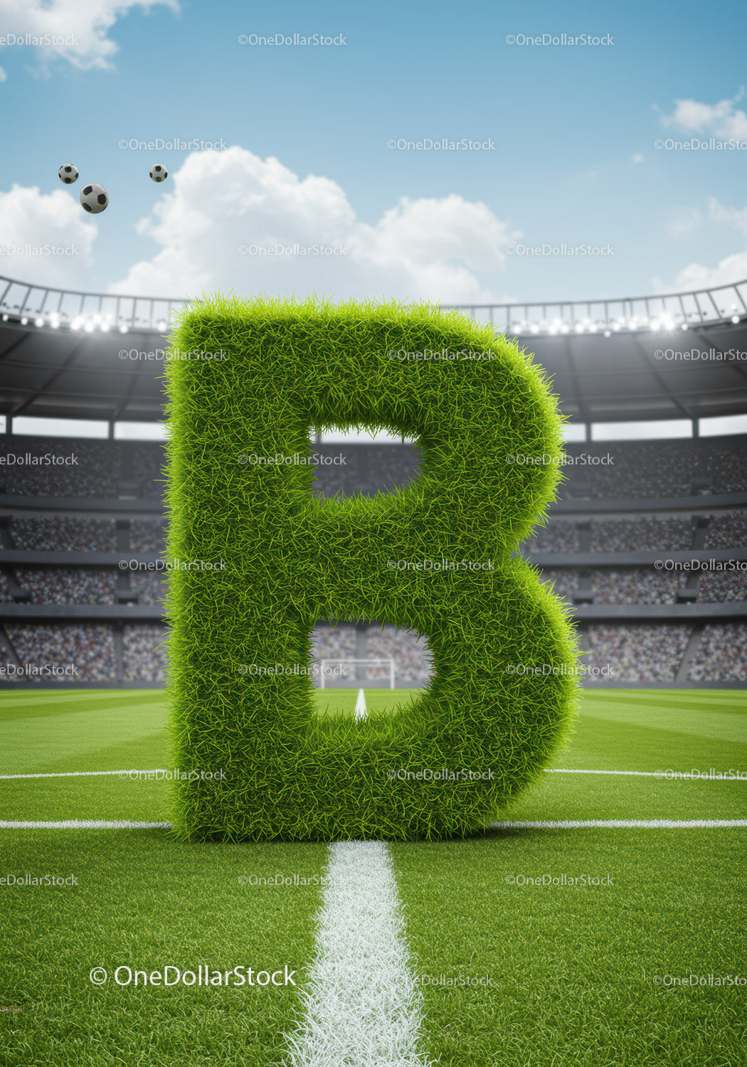 Zielona trawa z literą B na boisku piłkarskim na stadionie