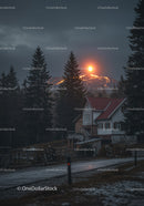 Cozy house near glowing volcanic mountain at dusk