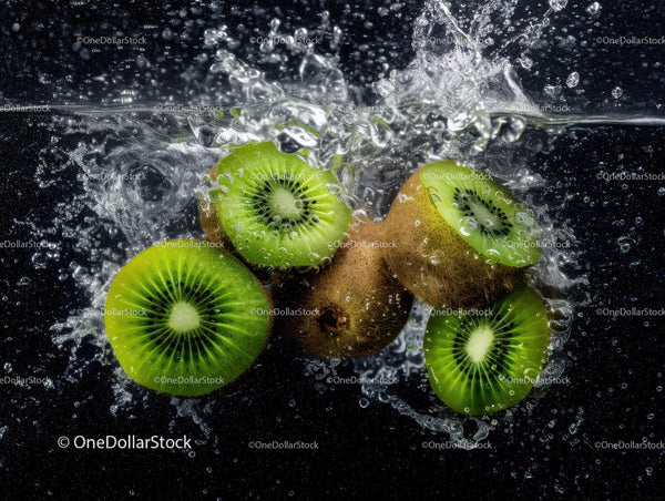 Fresh Kiwi Slices Splashing in Water with Vibrant Green Colors