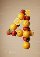 Fresh Citrus and Strawberries Arranged in Number Four Shape