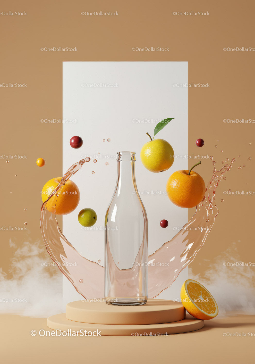 Clear glass bottle surrounded by floating citrus fruits