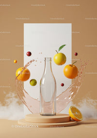Clear glass bottle surrounded by floating citrus fruits