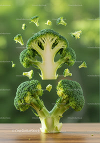 Fresh broccoli florets creatively floating above wooden surface