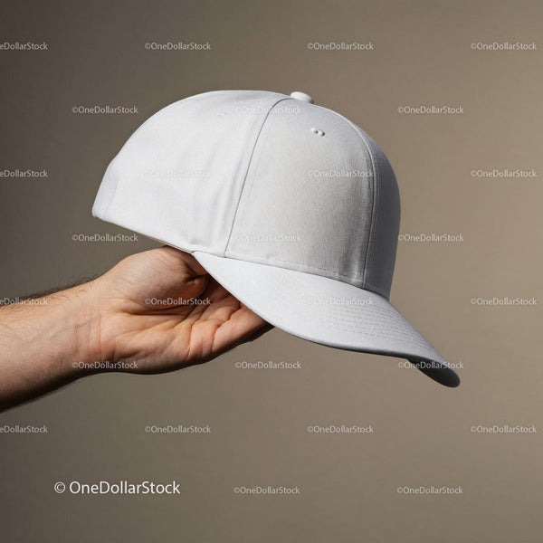 Hand Holding Plain White Baseball Cap on Neutral Background JPG Mockup Image