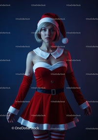 Young woman in festive Santa costume with striped stockings