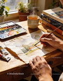 Artist painting a serene landscape with watercolor at desk