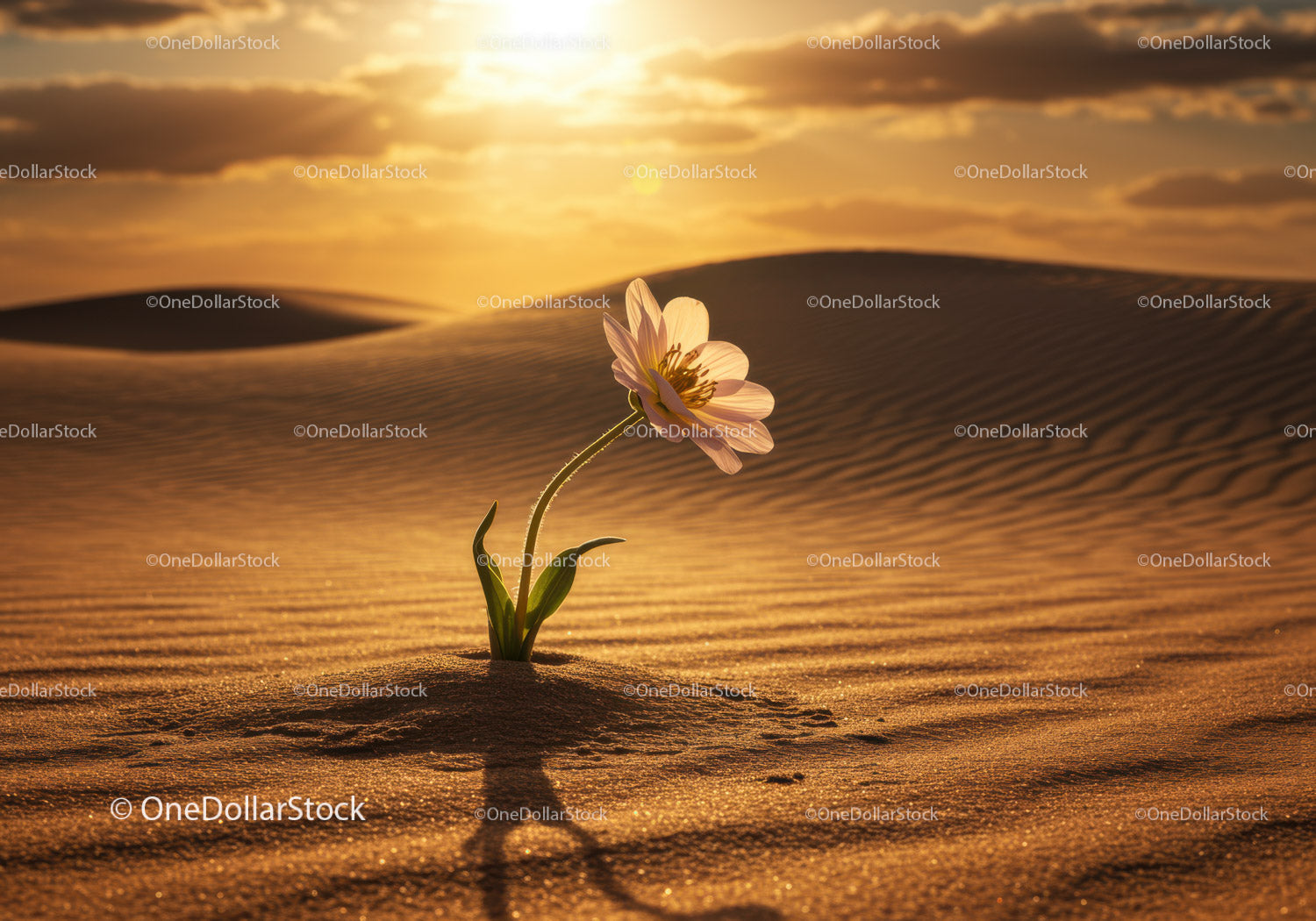 Delicate flower blooming in golden desert at sunset