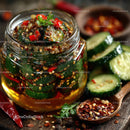 Spicy Chili Pickle with Cucumber and Chili Flakes in a Glass Jar
