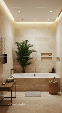 Elegant Modern Spa Bathroom with Large Green Plant and Beige Tiles