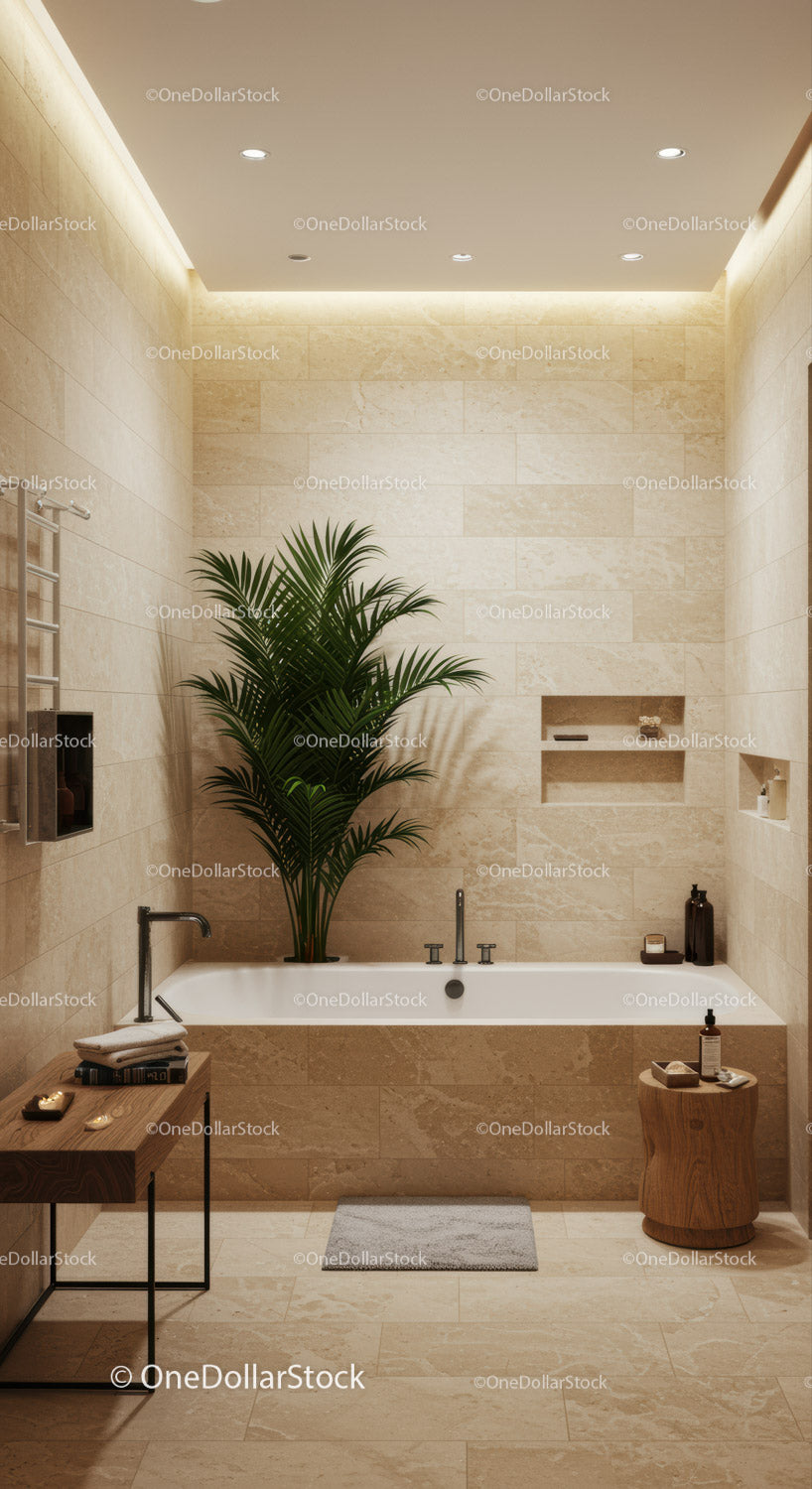 Elegancka, nowoczesna łazienka typu spa z dużą zieloną roślinnością i beżowymi płytkami