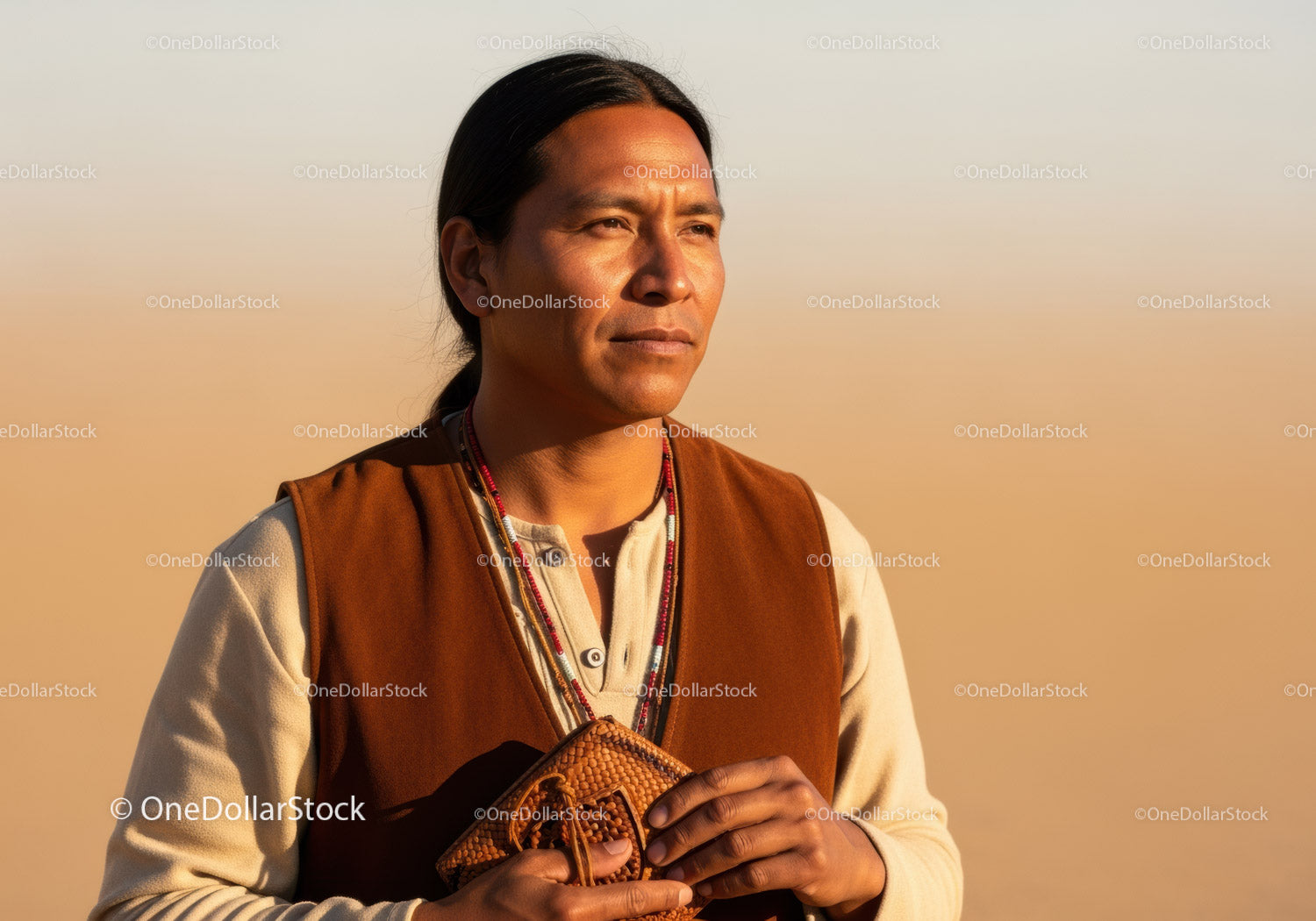 Native American Woman in Traditional Attire During Sunset Outdoors