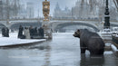 Snowy Winter Scene with London Bridge and a Black Bear Statue