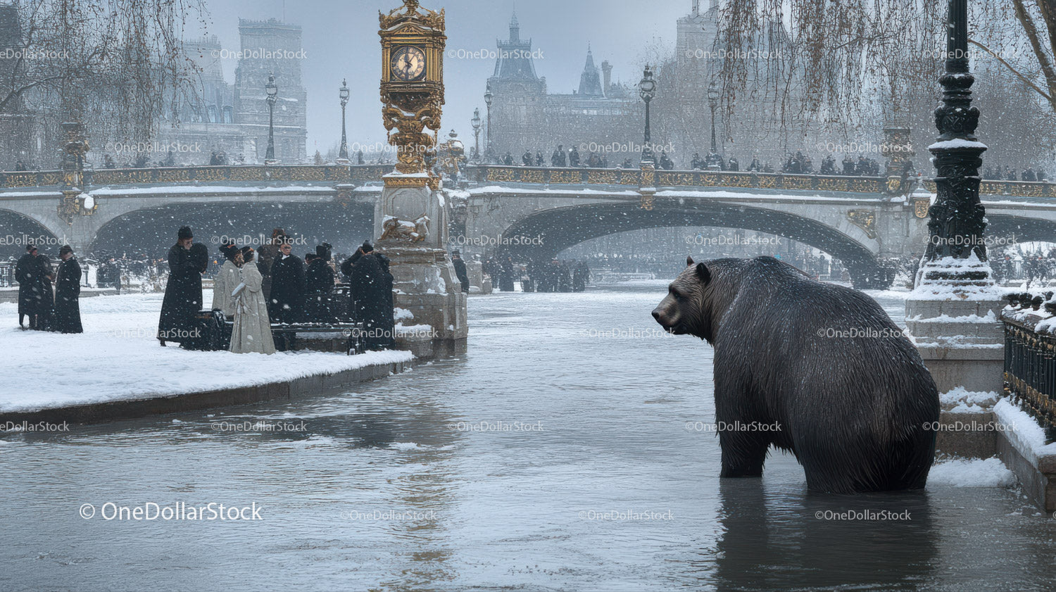 Snowy Winter Scene with London Bridge and a Black Bear Statue