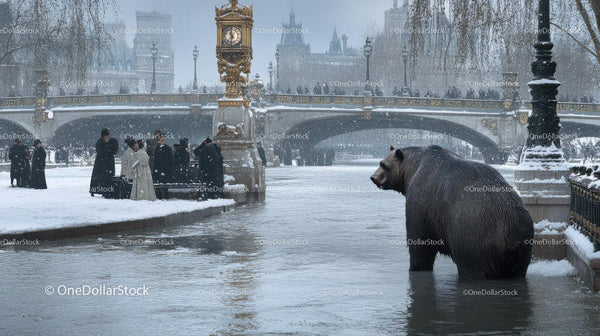 Large Brown Bear Standing In River Near Snowy Bridge