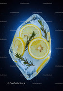 Fresh lemon and rosemary slices frozen in ice cube