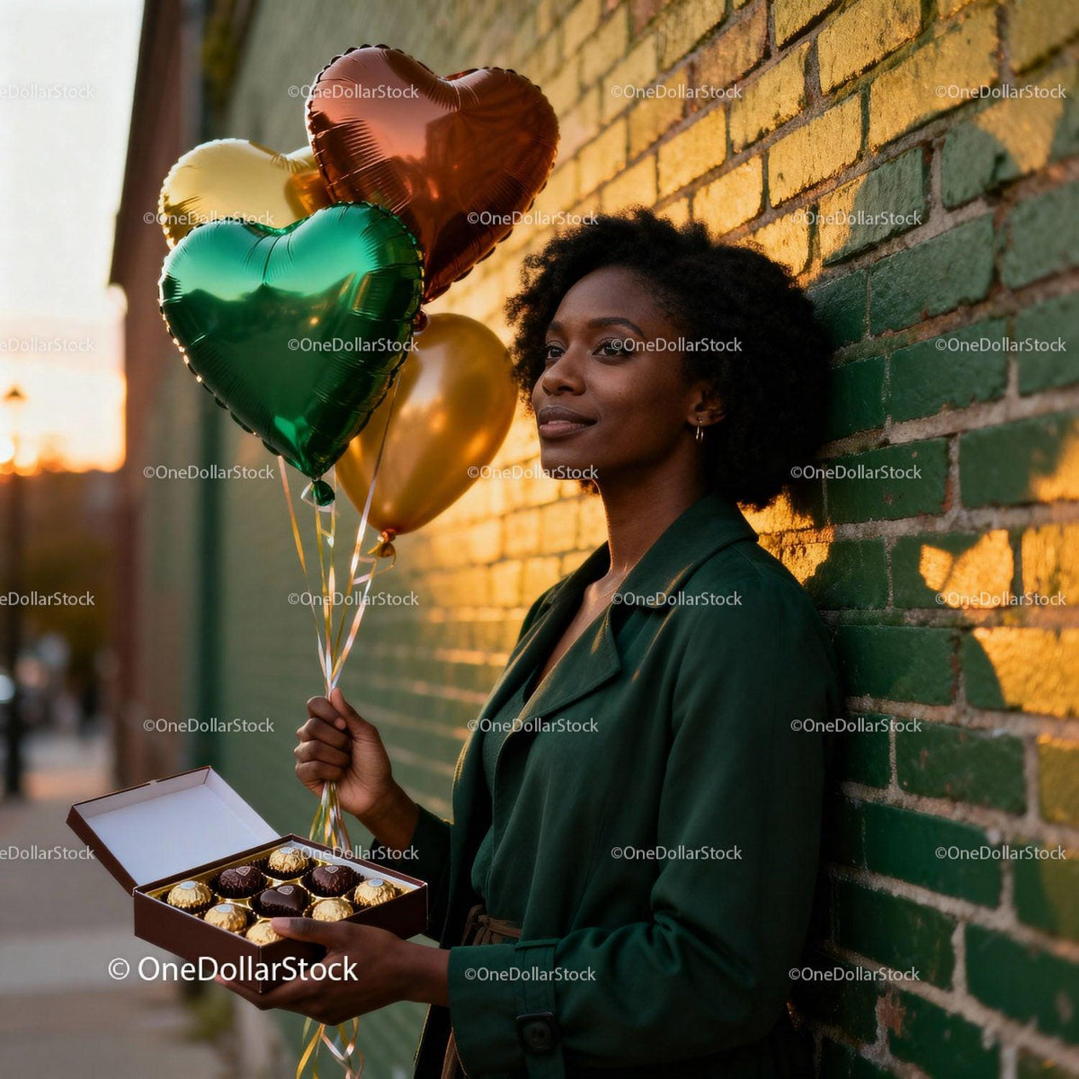 Woman holding heart balloons and chocolates outdoors