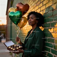Woman holding heart balloons and chocolates outdoors