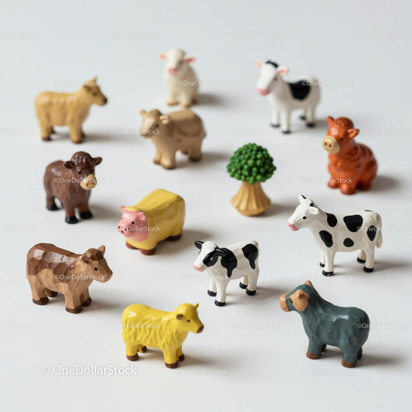 Colorful Wooden Farm Animal Figurines and Tree