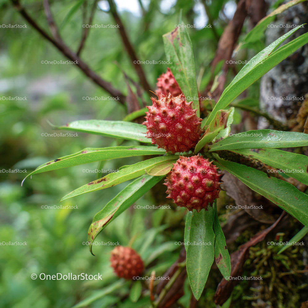 Close-up of red durian fruits on a tropical tree with green leaves