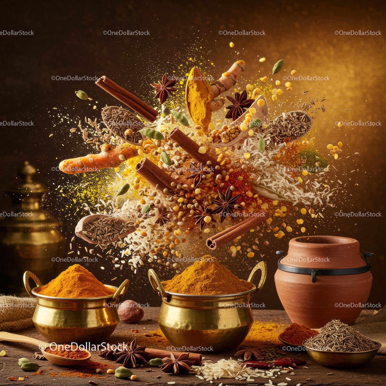 Assorted Indian Spices and Ingredients on Wooden Table