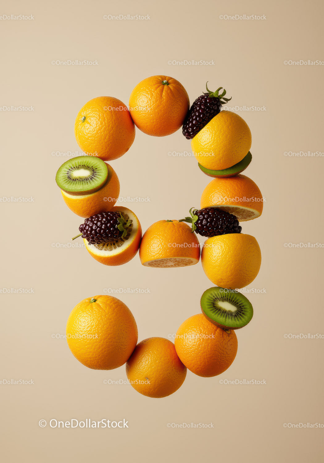 Fruits arranged in creative number nine shape on beige