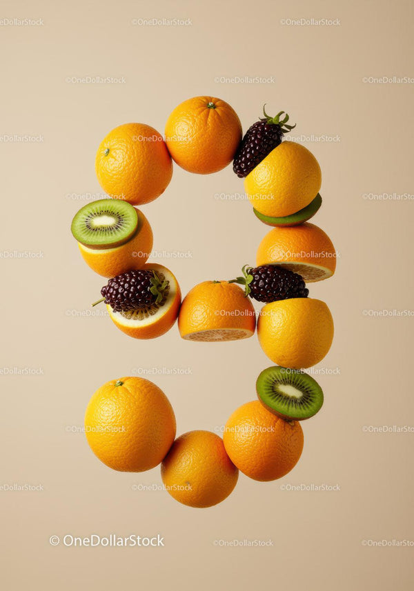 Fruits arranged in creative number nine shape on beige