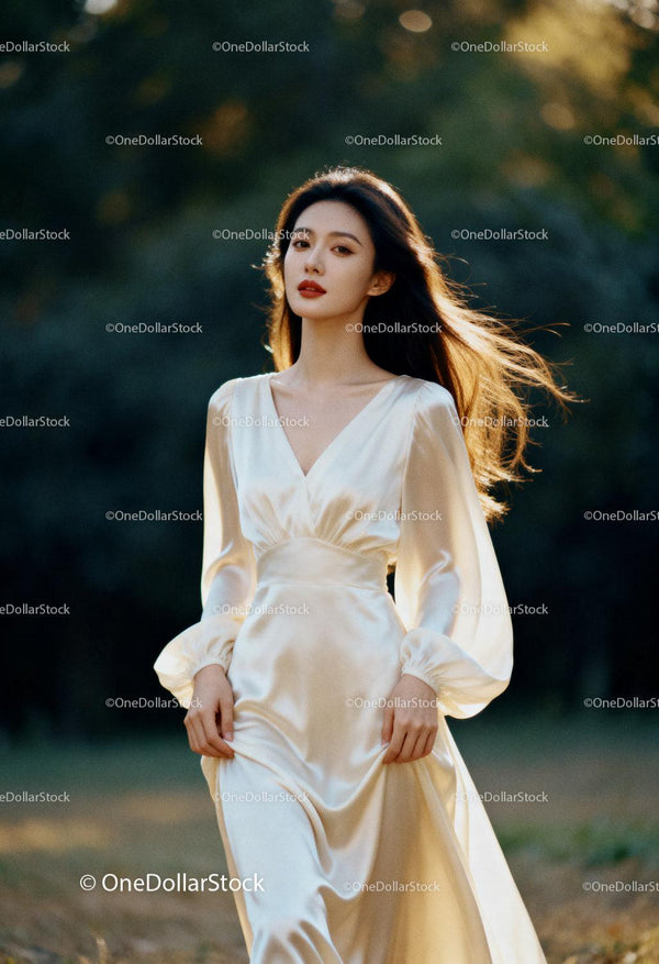 Elegant woman in flowing satin dress walking outdoors