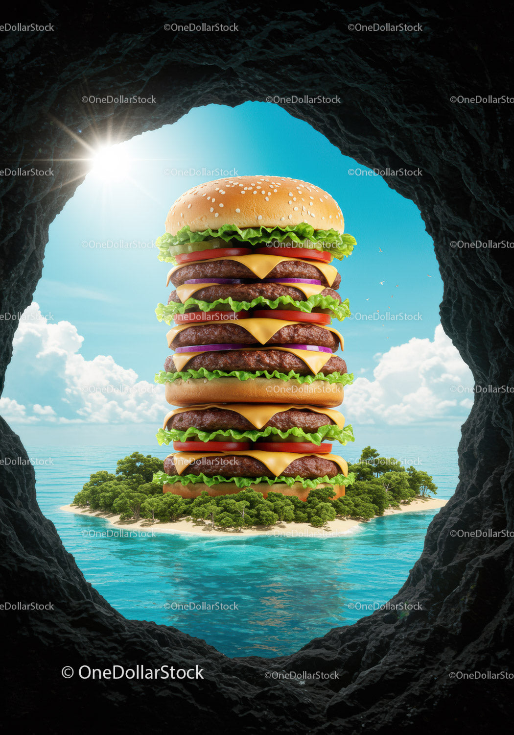 Gigantyczny cheeseburger górujący nad krajobrazem tropikalnej wyspy