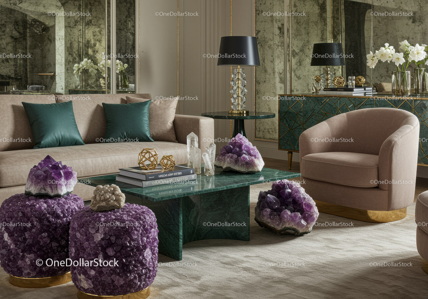 Elegant living room with amethyst decor and velvet seating