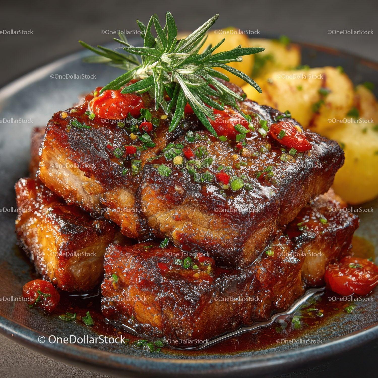 Gourmet Ribs with Potatoes and Herb Garnish