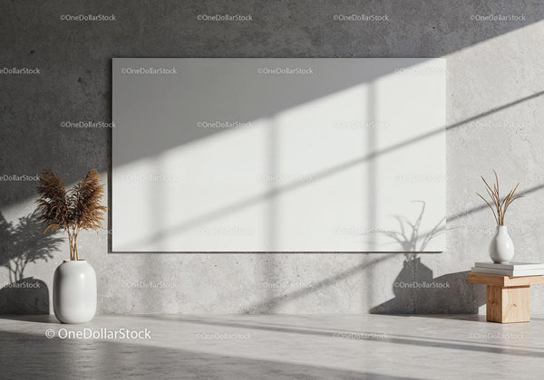 Minimalist interior with blank canvas and natural light JPG Mockup Image