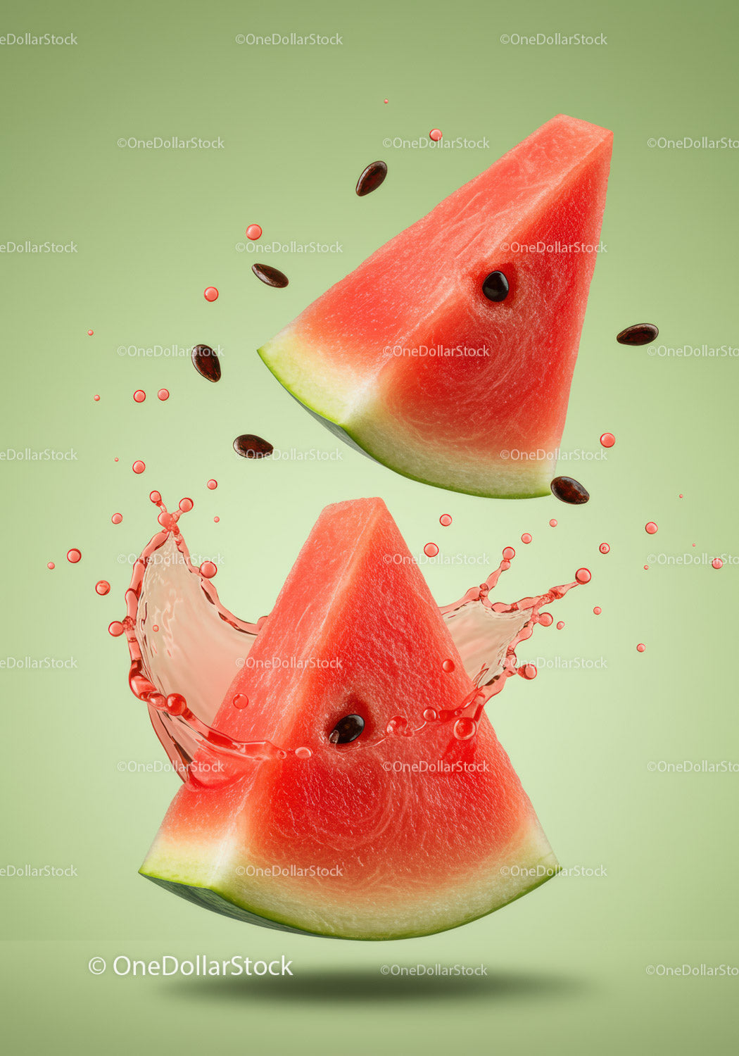 Fresh watermelon slices with juice splash on green