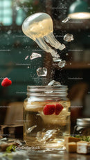 Translucent Jellyfish with Falling Ice and Berries in Suspension