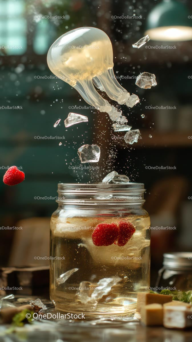 Translucent Jellyfish with Falling Ice and Berries in Suspension