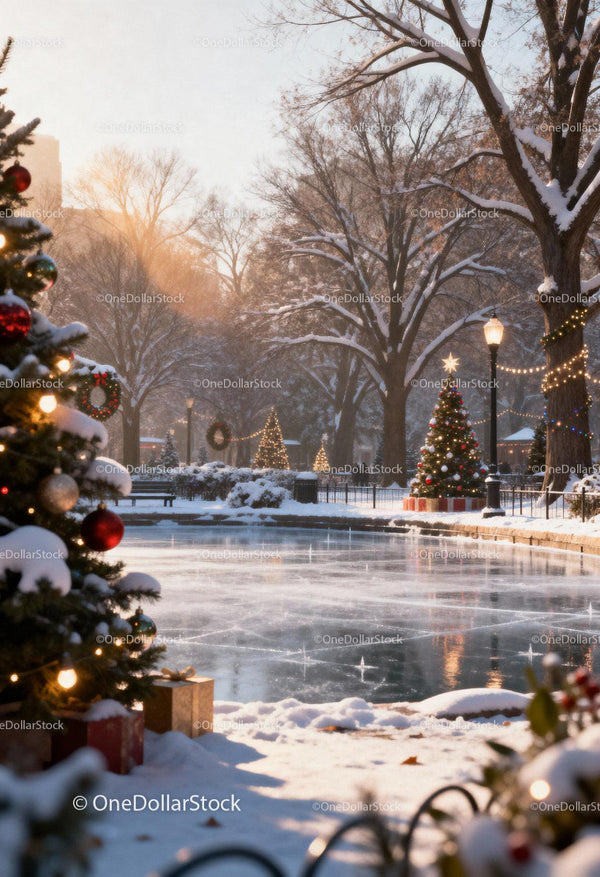 Winter Park with Festive Holiday Decorations and Ice Rink