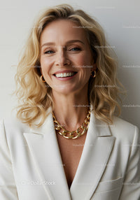 Elegant Female Model Wearing Gold Jewelry and White Blazer