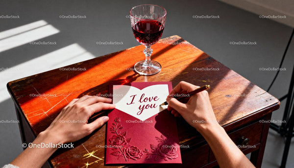 Writing a Romantic Valentine Card with Wine Glass Nearby