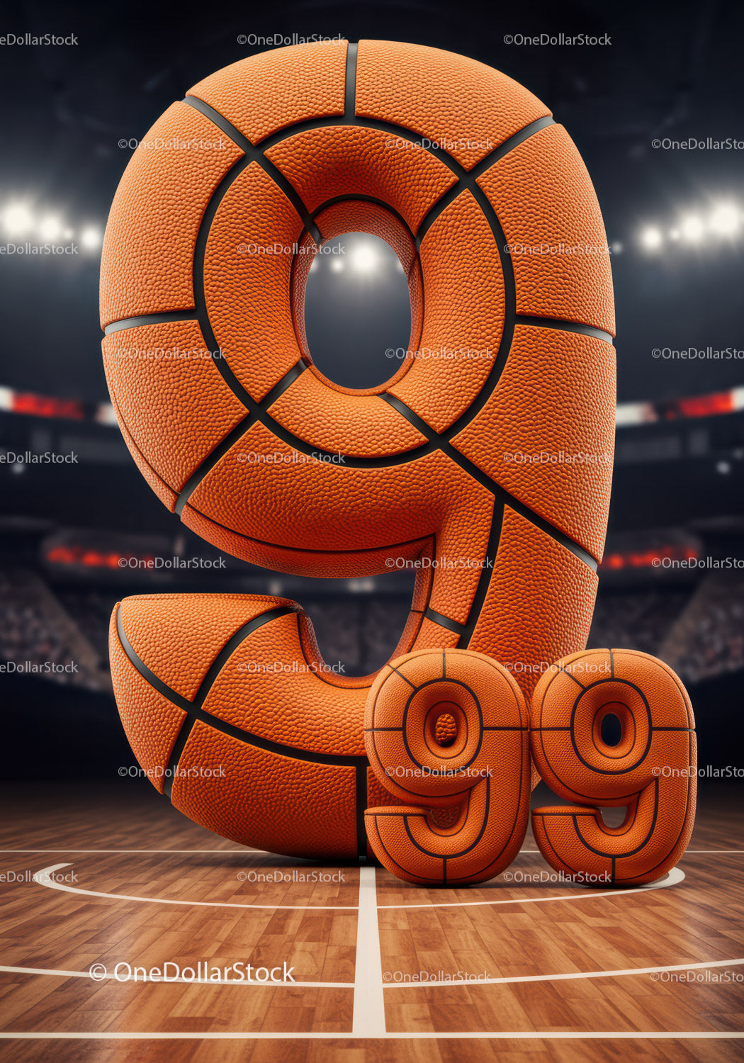 Large 99 number made of basketball texture on court