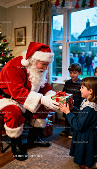 Santa Claus Giving Gift to Excited Children Indoors
