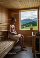 Man Sitting Relaxing in Wooden Sauna with Scenic Mountain View