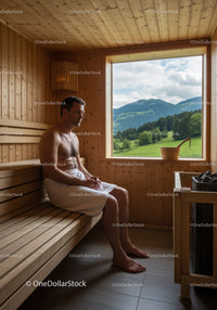 Man Sitting Relaxing in Wooden Sauna with Scenic Mountain View