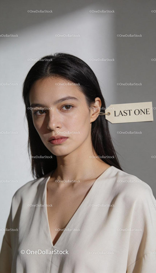 Zadumana kobieta z naszywką „LAST ONE” na uchu