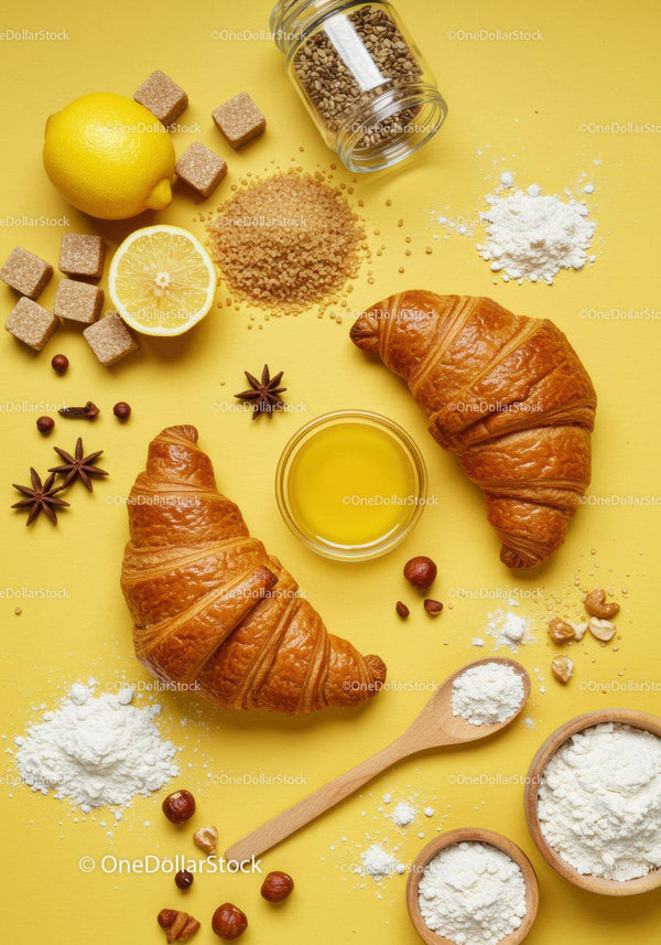 Freshly baked croissants with honey and natural ingredients