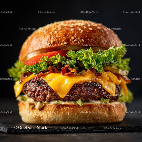 Juicy Cheeseburger with Bacon and Fresh Vegetables