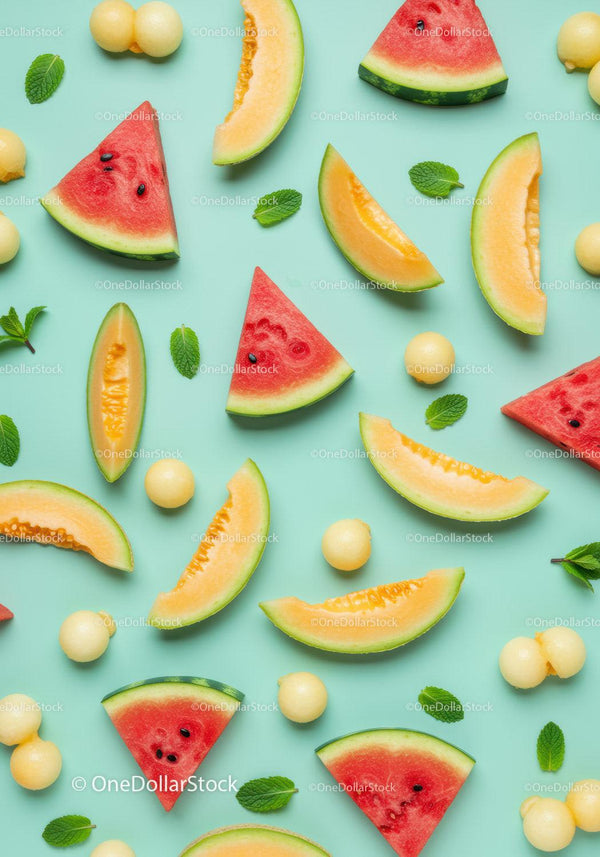 Fresh watermelon and cantaloupe slices with mint leaves