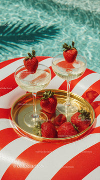 Strawberry Cocktails on Pool Float for Summer Refreshment