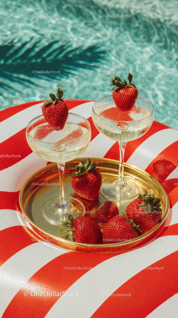 Strawberry Cocktails on Pool Float for Summer Refreshment