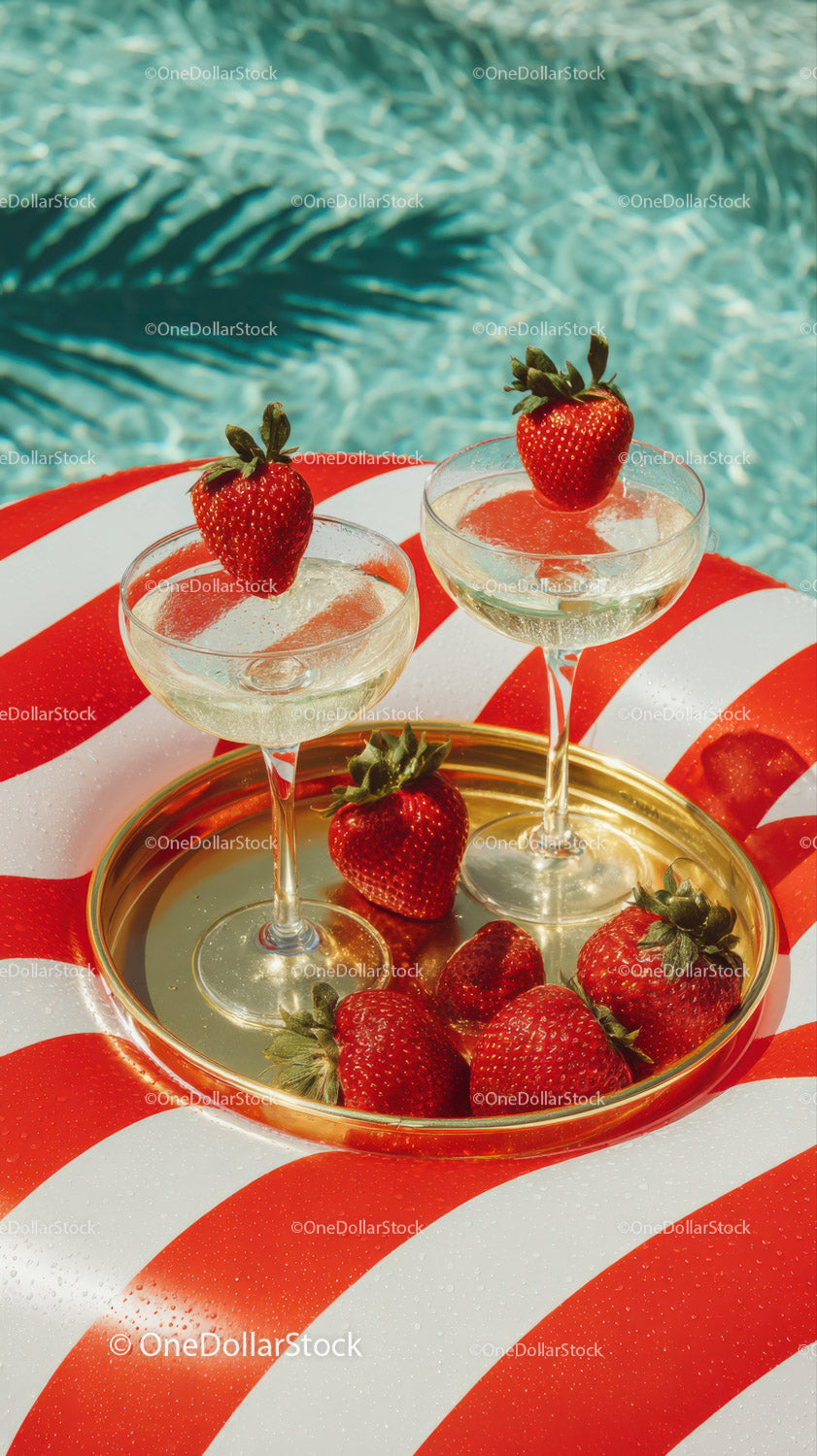 Strawberry Cocktails on Pool Float for Summer Refreshment