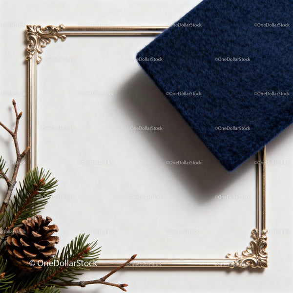 Elegant gold frame with winter pine and navy wool scarf